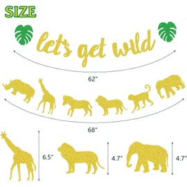 Confetti! Let's Get Wild Gold Glitter Banner with Animal Garland - Perfect for Jungle Safari Zoo Themed Parties, Birthday, Baby Showers Decorations for Wild One Party Welcome Sign Forest 1st Birthday Party Decorations