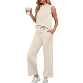 Lepunuo 2 Piece Sets for Women Summer Outfits Lounge Set Mock Neck Tops Wide Leg Crop Pants Matching Vacation Travel Outfits