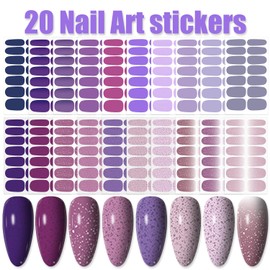 WOKOTO 20 Sheets Purple Nail Wraps for Women Solid Purple and Glitter Nail Polish Stickers Stick On Nail Polish Strips Gel Nail Strips Self Adhesive Fingernail Stickers for Nails with Nail File