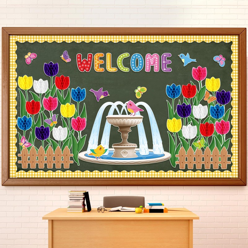 Pajean Welcome Bulletin Board Set 3D Tulip Flower Classroom Decorations