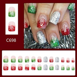 24Pcs Christmas Press on Nails Short Square Fake Nails Red Green Glitter Gradient Xmas False Nails Snowflake Glue on Nails with Designs Full Cover Christmas Acrylic Nails Stick on Nails for Women