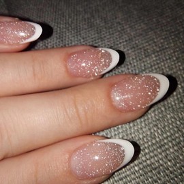 MISUD Press on Nails - Short Oval Fake Nails with White French Tip, Acrylic Bling Glitter Design 24 pcs