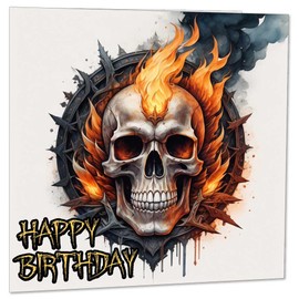 Flaming Skull Birthday Card - Rock Metal Biker Greeting Card 145x145mm
