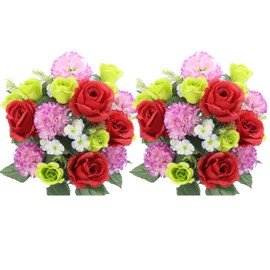 Admired By Nature 2 pcs 24 Stem Artificial Flowers Roses Carnation Mixed Bush Spring Faux Flower Indoor Wedding Home Decor, Cemetery Decorations for Grave, Red, Kiwi, Lavender