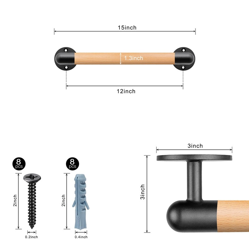 15" Wood Handrail Wall Mount Handrails for Indoor Stairs, 2Pcs