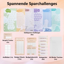 REJOECE A6 Savings Challenge Budget Planner, Budget Planner German Accessories, 6 Holes Binder, Money Saving Challenge Set with 2€ | 5€ | 10€ | Change | 52 Weeks | 52 Week Light Challenges