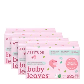 ATTITUDE Eco-Conscious Disposable Diapers, EWG Verified, Size 1/Newborn (< 9 lbs), Ultra Absorbent for Baby, Vegan & Plant-Based, 28 Count (Pack of 4)