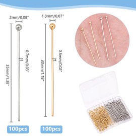 PH PandaHall 200pcs 24k Gold Plated Jewelry Head Pins 30mm 35mm 304 Stainless Steel Ball Head Pins 21 Gauge Bendable Eye Pins for Earring Pendant Bracelet Necklace DIY Crafts Jewelry Making