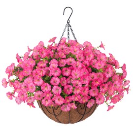 Artificial Faux Hanging Plants Flowers Basket for Outdoors Outside Spring Summer Decoration, Silk Pink Morning Glory in Planter UV Resistant Look Real Fake Flowers for Porch Patio Balcony Home Yard