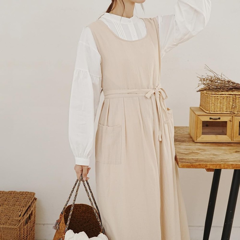 Solid Side Vent Apron Simple Cotton Large Pleated Tether Stain