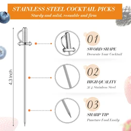 10 Pieces Stainless Steel Cocktail Picks Toothpicks 4.3 Inch Sword Metal Martini Drink Pick Sticks Appetizer Resuable Skewers Food Fruit Cocktail Toothpicks for Birthday Wedding Beach (Silver)