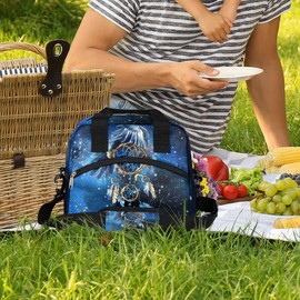 FengQuGou Blue Galaxy Watercolor Dream Catcher Insulated Lunch Bags for Women Men Adult Reusable Lunch Tote Therma Cooler Bag with Shoulder Strap Lunch Box for School Work Office Picnic Meal Prep Bag