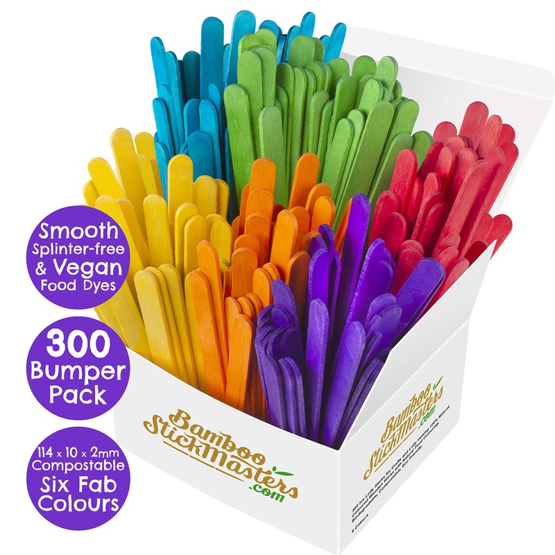 Coloured Lollipop Sticks 300 Wooden Birch Wood Craft Lolly Sticks