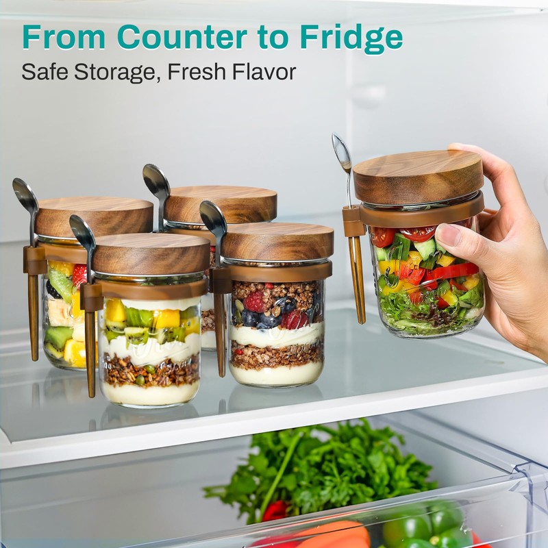 4 Pack Overnight Oats Containers with Wooden Lids and Spoons,