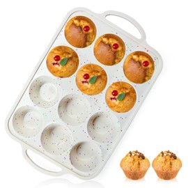 1Pack Silicone Muffin Pan for Baking with Metal Reinforced Frame, 12 Cup Regular Size Cupcake Pan, BPA Free Silicone Muffin Tray, Cupcake Baking Pan Molds for Oven Dishwasher Safe - Cream