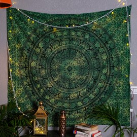 Craft Trade Wall Tapestry for Bedroom Aesthetic Psychedelic Bohemian Mandala Wall Hangings Trippy Green Tapestries Hippie Room Decor Twin Bedspread Meditation Yoga Mat Rug - 127x152 CM (50x60 Inch)