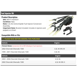 Central Spider Fuel Injector Conversion Assembly with Bracket - with 6 Injectors and Poppets - Compatible with 1999-2006 Chevy Silverado 1500 4.3L V6