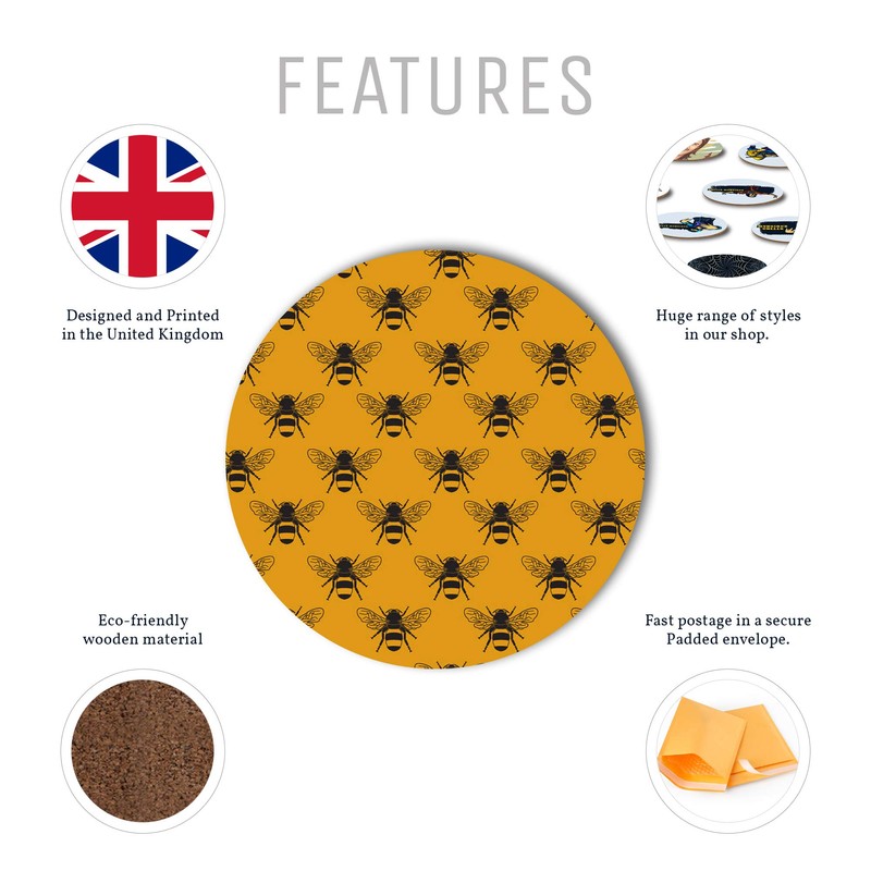 1 x Beautiful Bees Pattern Art - Round Coaster Kitchen