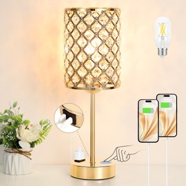 Gold Lamp for Bedroom-Crystal Table Lamp with USB-C+A & AC Ports,3-Way Dimmable Bedside Lamp with Crystal Shade,Touch Lamps for Night Stands Modern Bedroom Lamp for Living Room (Bulb Included)