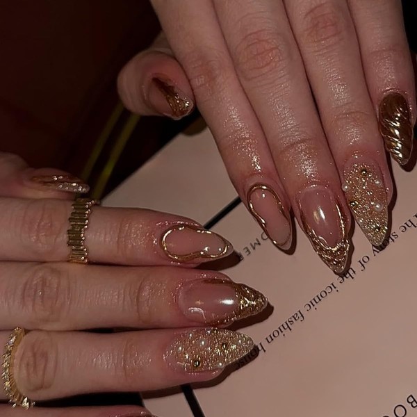 ＴＩＺＹＦＦ Press on Nails, 3D Water Wave Pattern Gold Textured