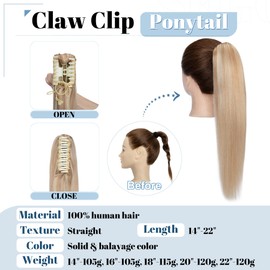 SEGO Jaw/Claw Clip Ponytail Extension Human Hair Clip in Ponytail Hair Extensions Pony Tails Hair Extensions 100% Real Remy Hair Long Straight For Women 14 Inch Ash Blonde&Bleach Blonde 105 Gram