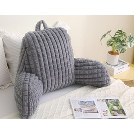 Volple Faux Rabbit Fur Reading Pillow with Arms,Removable Cover, Adjustable Shredded Foam Filling,Bed Rest Back Pillow for Reading,Watching TV,Gaming–Grey