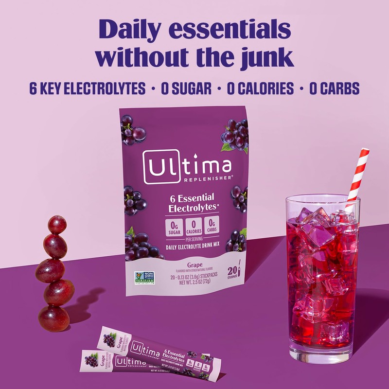 Ultima Replenisher Daily Electrolyte Powder – Grape, 20 Stickpacks –
