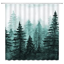 ZNLSU Misty Forest Shower Curtain Pine Tree Watercolor Abstract Foggy Jungle Mountain Teal Plant Rustic Mysterious Nature Scenery Landscape 70" WX70 H Bathroom Decor Fabric Curtain with Hooks