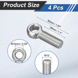 sourcing map 4Pcs M12 x 40mm Lifting Eye Bolts, 304 Stainless Steel Machinery Shoulder Swing Bolt Lifting Ring Eyebolt for Pipeline Gate Valves, Building Steel Pipe Fasteners, Silver