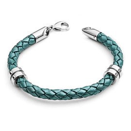 Tribal Steel Women's Jade Green Rondel Leather Bracelet - Ladies 20cm Plaited Leather Bracelet with Stainless Steel Rondels, Lobster Clasp