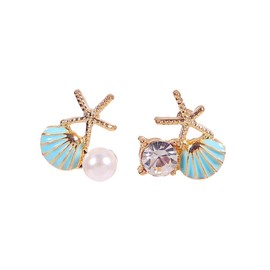 Starfish Shell Pearl Stud Earrings for Women Boho Asymmetric Ocean Animal Cute Pink Colorful Sea Shell Star Glitter Crystal Cubic Zirconia Earrings for Summer Beach Vacation Jewelry Gifts (Blue)