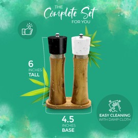The Pretty Turtle Wooden Salt and Pepper Grinder Set With Holder Made of Premium Acacia Wood Refillable Enviro Friendly (Black and White Top, 6")