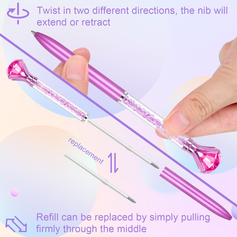 6 Diamond Pens with Crystal Top, Bulk with Black Ink
