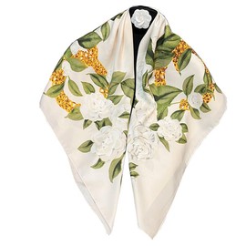 Luxury Square Silk Scarf with White Roses and Gold Chain Print, Fashion Neck Wrap bandanas for women 35 Inches