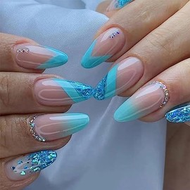 24pcs French Tip False Nails Almond Stick on Nails Glitter Blue Press on Nails with Rhinestones Removable Glue-on Nails Full Cover Fake Nails Women Girls Nail Art Accessories