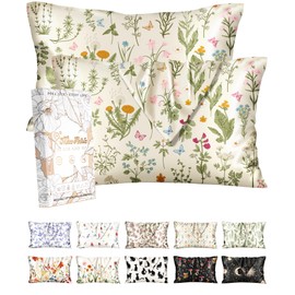 Miss Adola 2 Pack Silk Pillowcase - 20x36 Inch King Size Silk Pillow Case with Hidden Zipper for Women Lady Smooth Soft Breathable Cute Design Pillowcase for Hair and Skin, Leaf Flower