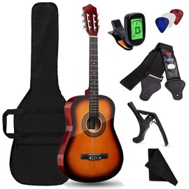 【Limited time deal】38in Beginner All Wood Acoustic Guitar Starter Kit w/Gig Bag, 38" Full Size Adult Acoustic Guitar for Beginners, Digital Tuner(Without Battery), 6 Celluloid Picks, Nylon Strings, Capo, Cloth, Strap w/Pick Holder:_Black