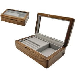 NESPARTY Walnut Jewelry Storage Box with Glass Lid, Multi-Functional Wooden Jewelry Organizer, Soft Velvet Interior, Natural Wood Craft Display Box for Rings, Earrings, Necklaces, Valentine’s Day Gift