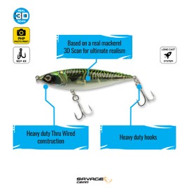 Savage Gear 3D Mackstick Twitch Bait, 3 oz, Green Mackerel, Realistic Profile and Movement, Reinforced Body, Thru-Wired Construction, Saltwater Fishing Lure with Hooks