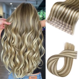 Hanne Fashion Micro Ring PU Hair Extensions Invisible Tape in Weft Extensions for Women Highlight Blonde 9A/P60 Human Hair Extension Glueless Remy Hole Weft Human Hair Extension (20 Inch, 4Pcs, 35g)