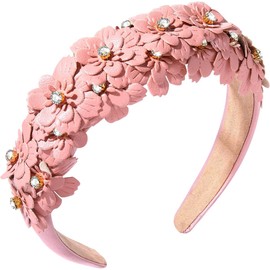 Colored flowers Headbands Leather Floral Hairband Rhinestone Embellished Wide Hair Hoop Solid Color Daisy Flower Hair Band Accessories (Pink, One size)