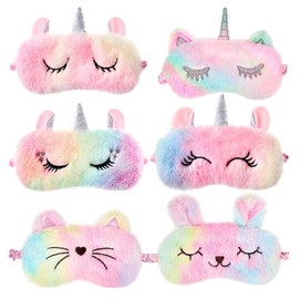 6 Pieces Plush Sleep Eye Masks, Faux Fur Rainbow Unicorn Sleep Mask Cute Funny Animal Mask Blindfold, Soft Eye Mask Sleeping Eye Shade for Girls Boys Adults Home Travel Office