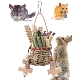 Bissap Bunny Chew Toys, Natural Seagrass Hanging Basket Chews Water Plant Woven Chinchillas Chewing Treats for Rabbits Guinea Pigs Chinchillas Hamsters Rats and Other Small Pets Teeth Grinding Toy