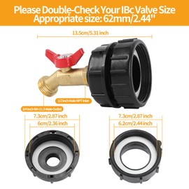 275-330 Gallon IBC Tote Tank Adapter, IBC Tote Adapter, 2.44" Fine、2 "Fine, and 2" Coarse Thread,1/2" Male NPT Inlet ×3/4" Male GHT Threaded Brass Hose Faucet Garden Hose Connector, 3-Size