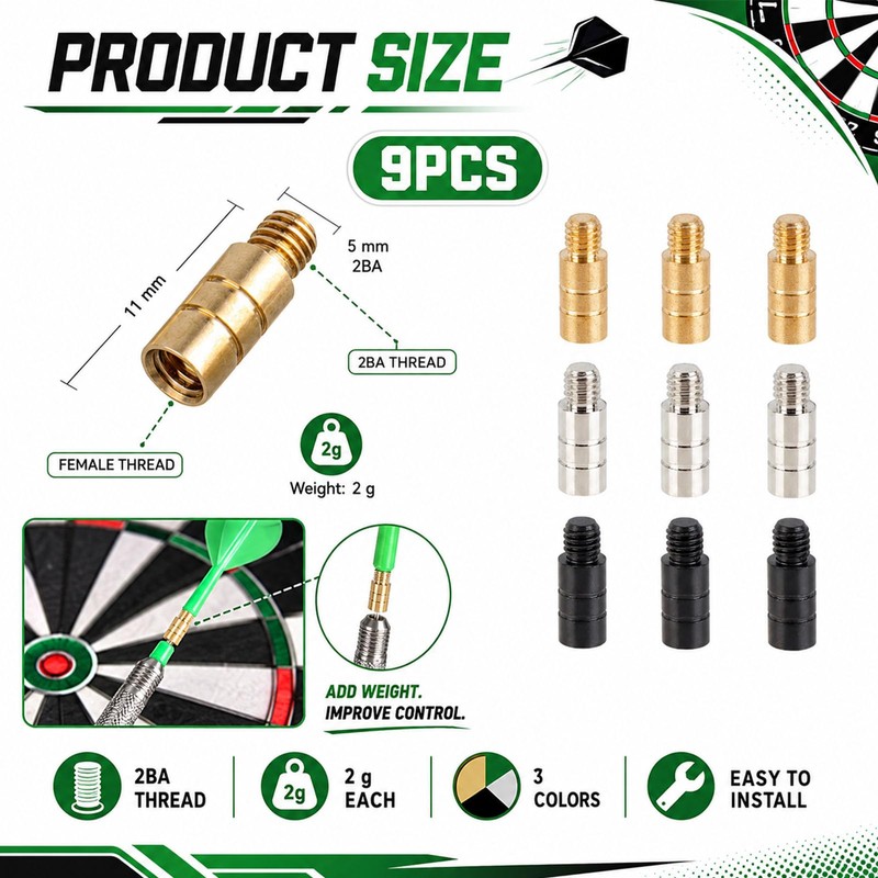 QIHAWN 9Pcs 2g Brass Dart Weight Adders, 2BA Thread for