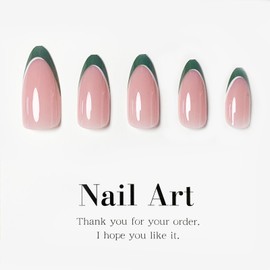 Green French Tip Press on Nails Almond Acrylic Nails, Natural Nude Medium Fake Nails Press ons Glossy Glue on Nails Gel French Nails for Women DIY Manicure 24Pcs