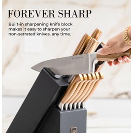 Black and Gold Knife Set for Kitchen with Block – 14-Piece Ultra-Sharp Stainless Steel Knives with Gold Handles and Built-In Sharpener – Stylish Kitchen Accessories for Cooking and Decor