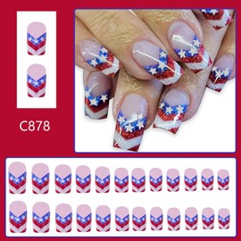 FIEONCIY Independence Day Press on Nails Square Shaped Acrylic Medium Length False Nails with Patriotic Designs Artificial Flag Square Fake Nails July 4th Glue on Fingernails for Women Girls（C878）