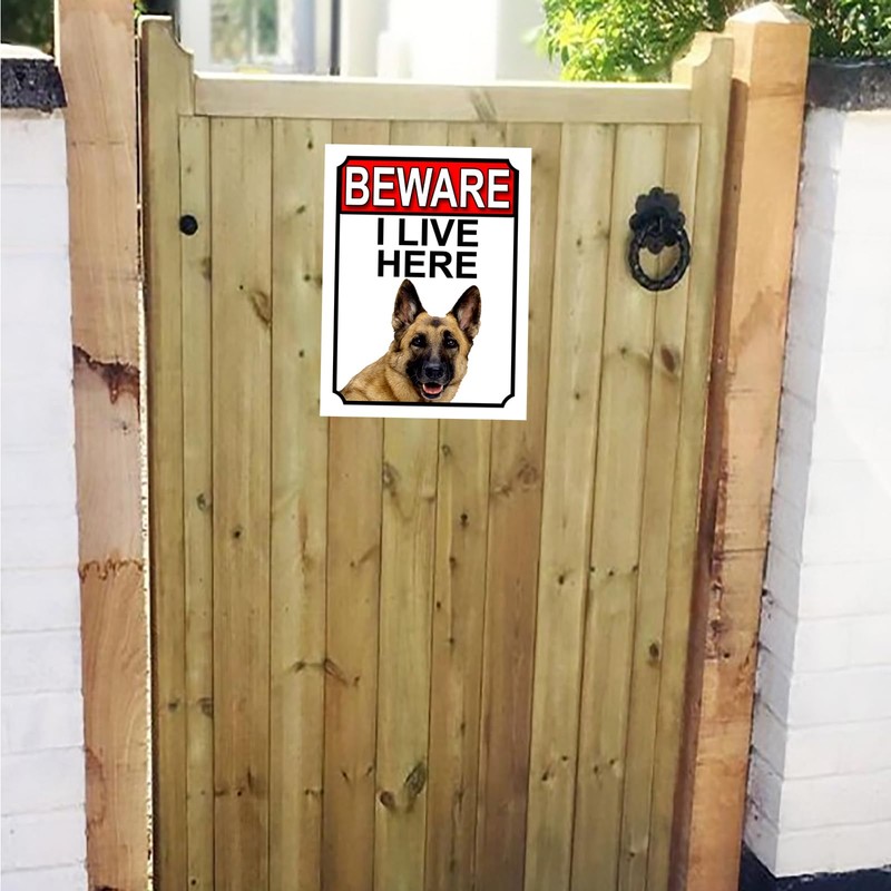 BEWARE I LIVE HERE METAL GATE SIGN GERMAN SHEPHERD 200MM