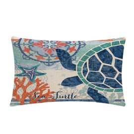 7COLORROOM 2Pack Ocean Theme Throw Pillow Covers Mediterranean Style Decorative with Sea Turtles/Coral Rectangular/Waist Cushion Cover Beach Nautical Cotton Linen Decorative Pillowcases 12"x20"